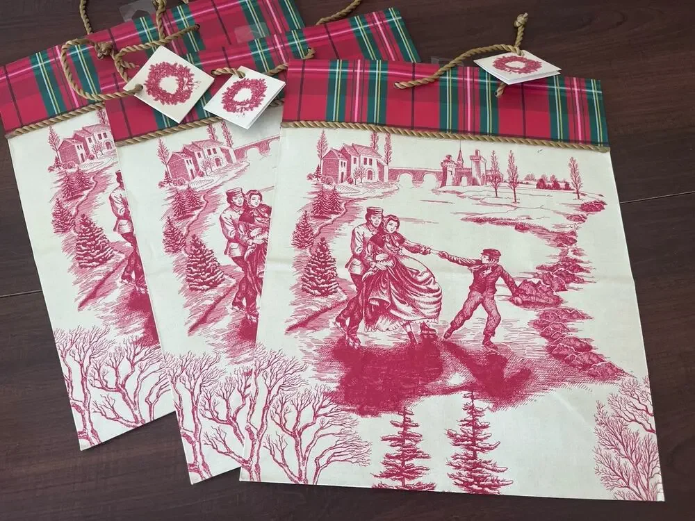 VTG Christmas Hallmark Textured Paper Gift Bag Elegant Red Set Of 3 With Tag New